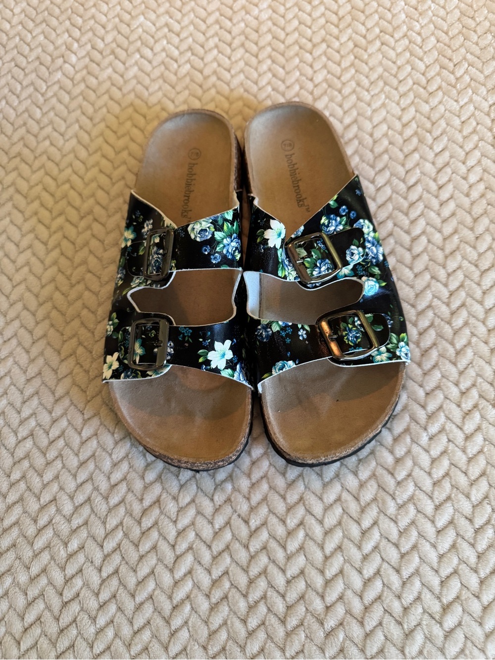 Bobbie Brooks Black Floral Double-Buckle‎ Slide Sandals Size 7/8